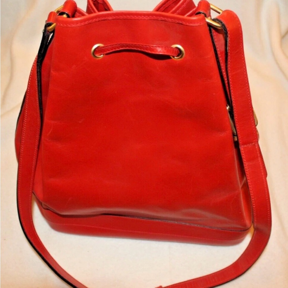 Red Leather Drawstring Bucket Bag - Picture 4 of 9